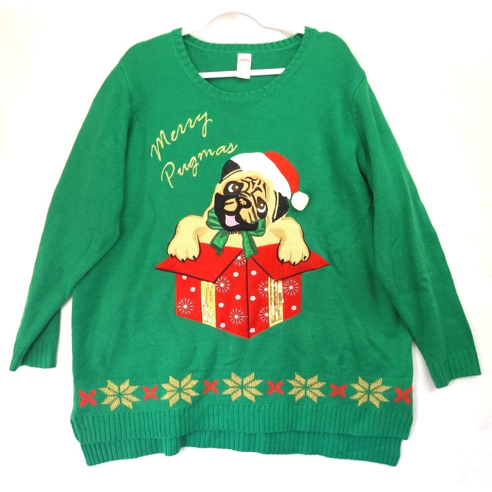 HOLIDAY‎ TIME Santa Pug Dog Gift Merry PUGMAS Ugly Christmas Sweater Green 3X